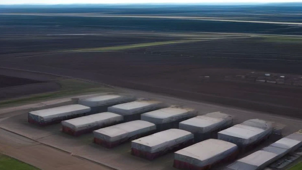 Containerised mining buildings on an industrial site photographed from above