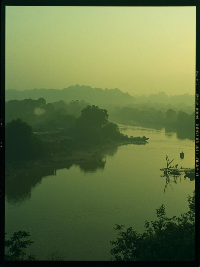 Restoration plate: a river village at golden hour, mist over the water.