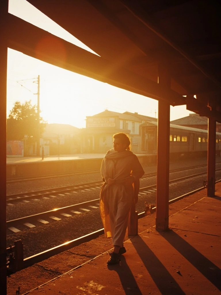 Restoration plate: a railway platform at dawn, a single figure in white.