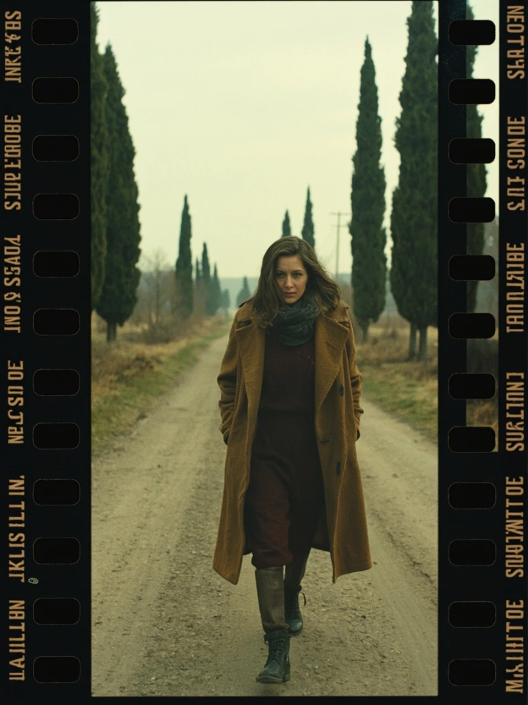 Restored 4K still from a 1962 Italian neorealist film, a woman on a country road.