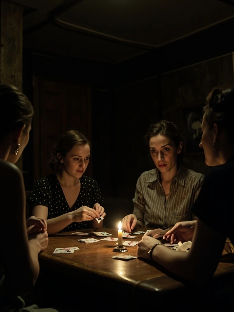 Interior still of three women playing cards by candlelight, Hungarian drama.